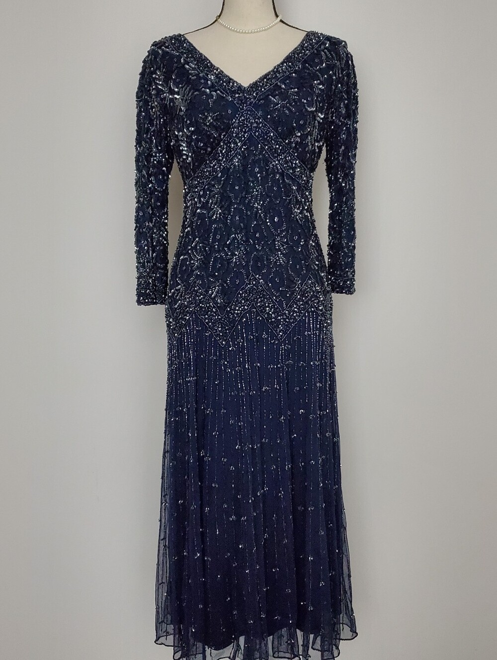 Pissaro Nights Silver Sequin Beaded V-Neck 3/4 Sleeve Navy Maxi Evening Dress 8P